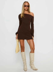 Adrietta Long Sleeve Off Shoulder Mini Dress Brown
