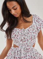 Floral Puff Sleeve Cut Out Dress