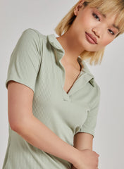 Short Sleeve Collar Neck Rib Mini Dress