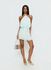 Rozario Chiffon Halter Mini Dress Aqua / Silver