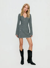 Morgen Asymmetrical Long Sleeve Mini Dress Grey / Green Stripe