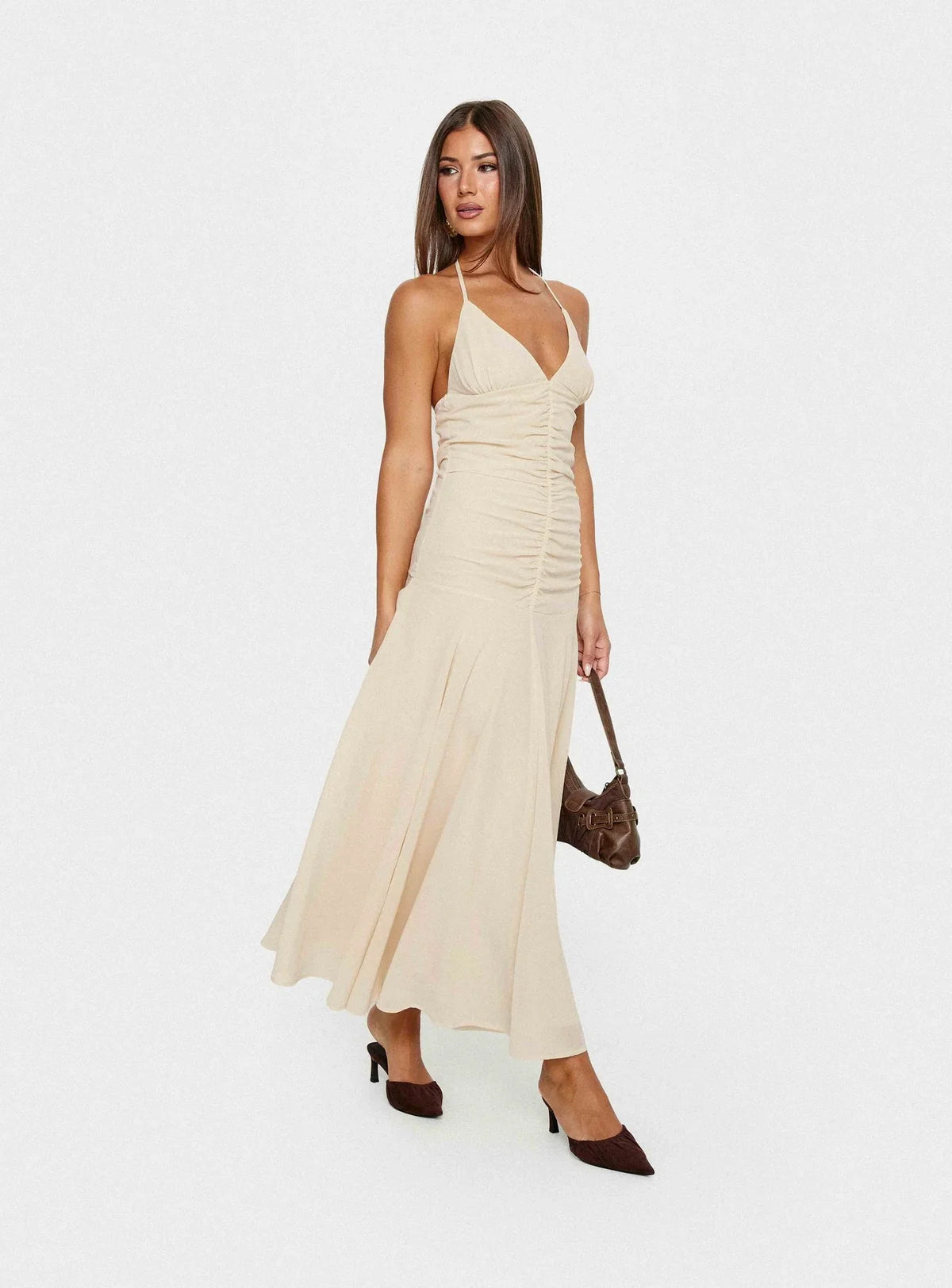 Carlisla Ruched Halter Maxi Dress Yellow