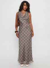 Veida Cowl Neck Maxi Dress Brown Check