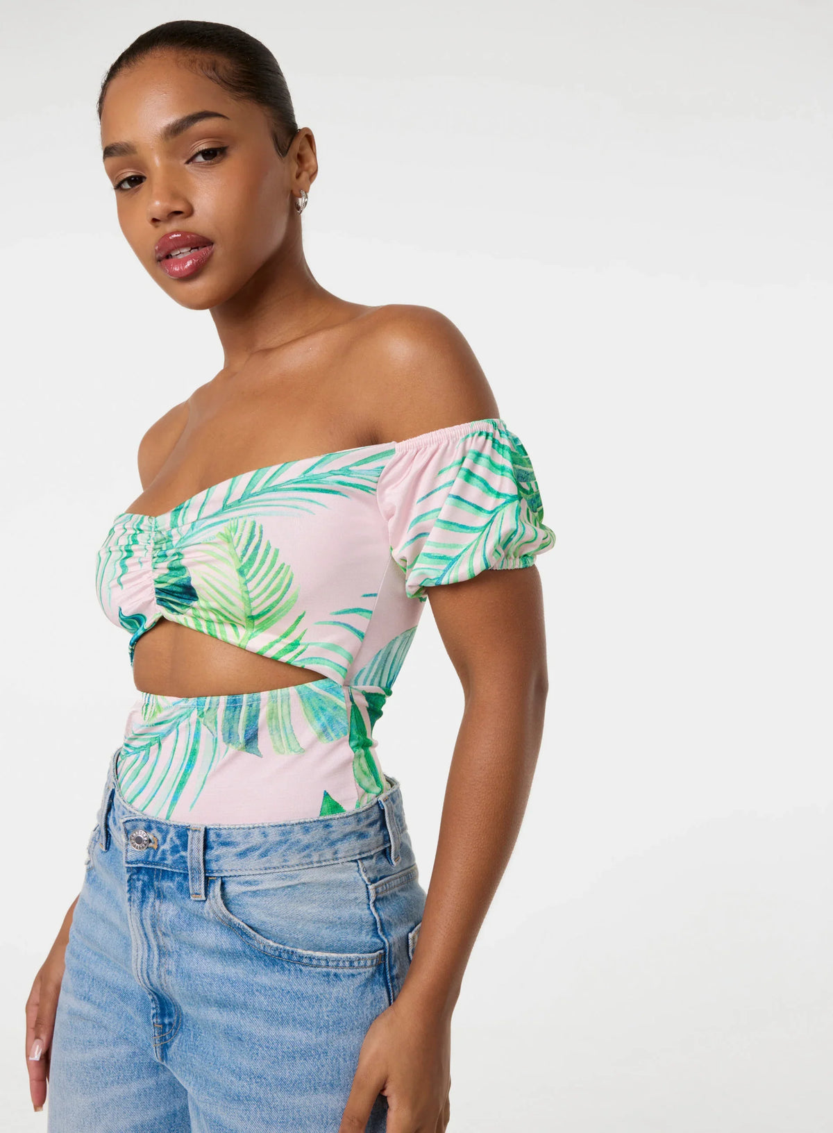 Tropical Bardot Cut-Out Bodysuit