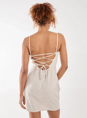 Linen Ruched Strappy Mini Dress