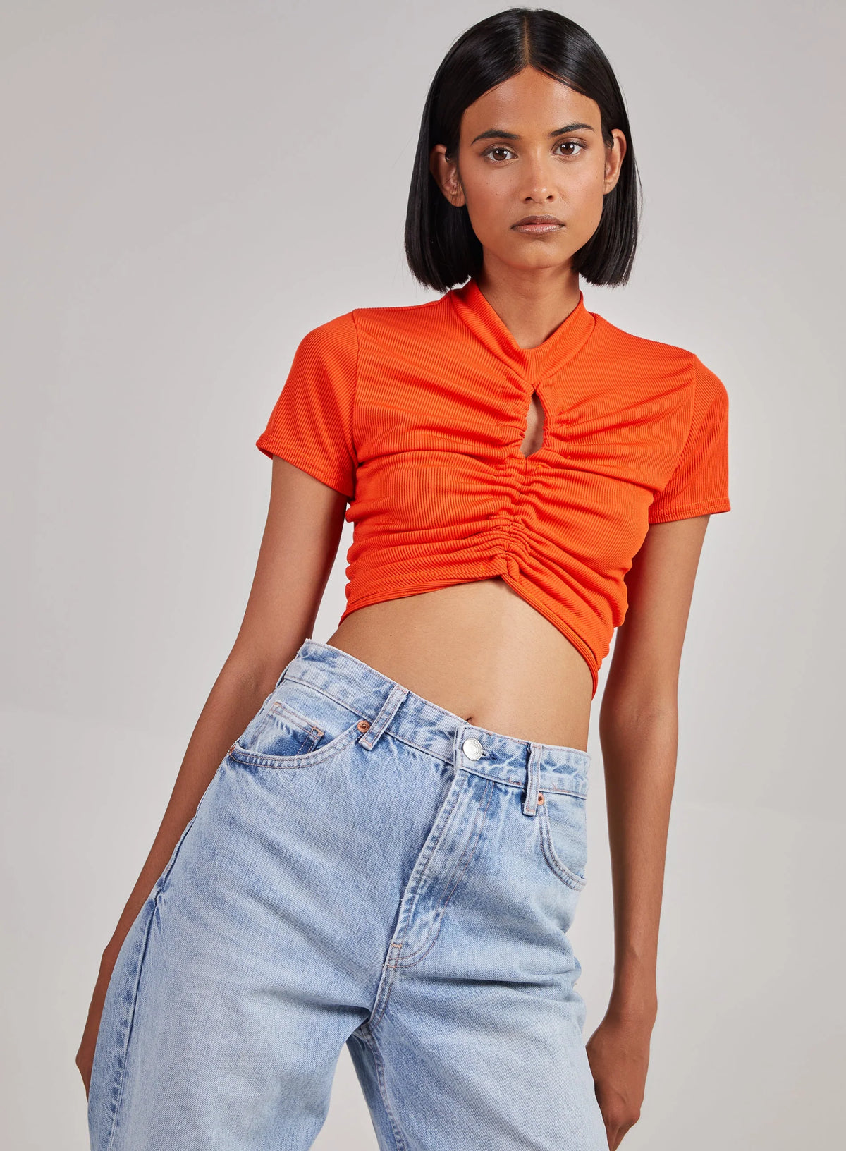 Short Sleeve Gathered Keyhole Ribbed Top