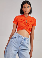 Short Sleeve Gathered Keyhole Ribbed Top