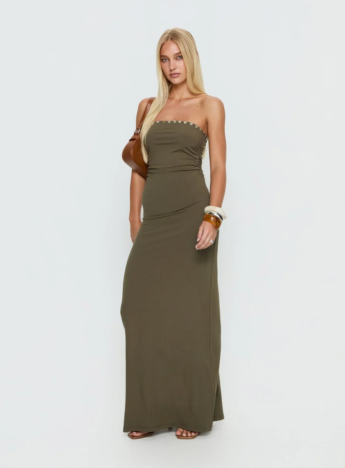 Erita Strapless Maxi Dress Kahki