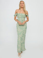 Azura Off The Shoulder Maxi Dress Green Burnout