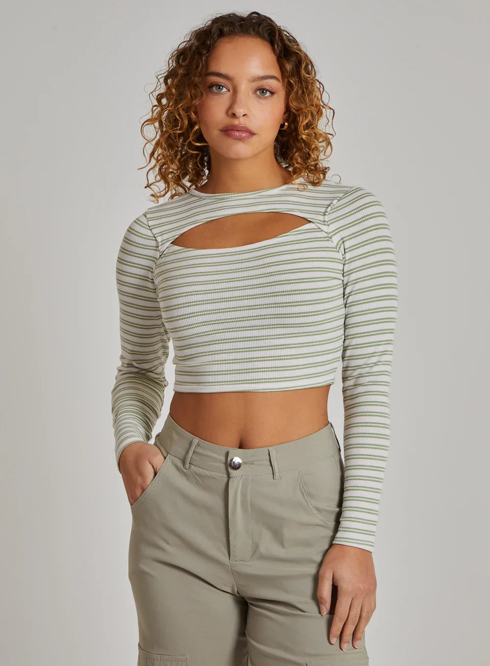 Striped Rib Letterbox Long Sleeve Crop Top