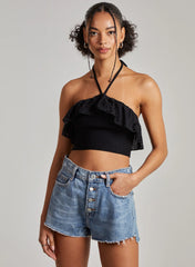Halter Neck Broderie Frill Hem Crop Top
