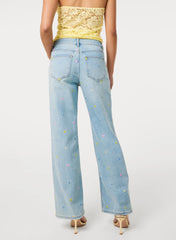 Allover Embroidered Flower Wide Leg Jeans