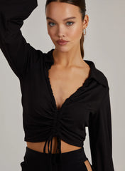 Ribbed Ruched Long Sleeve Collared Shirt