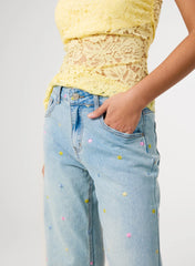 Allover Embroidered Flower Wide Leg Jeans