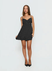 Casee V Neck Frill Mini Dress Black Polka Dot