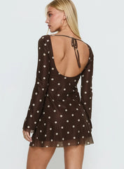Lukea Long Sleeve Mini Dress Brown Polka Dot