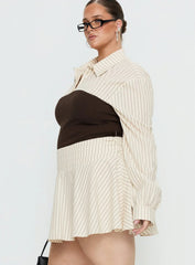Belva Long Sleeve Corset Shirt Mini Dress Brown Stripe Curve