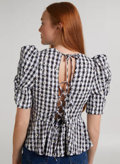 Black Check Tie Back Peplum Blouse
