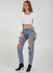 Cropped Ruched Top With Balloon Sleeves