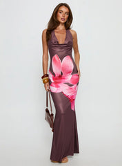 Raleina Halter Cowl Neck Maxi Dress Brown Floral