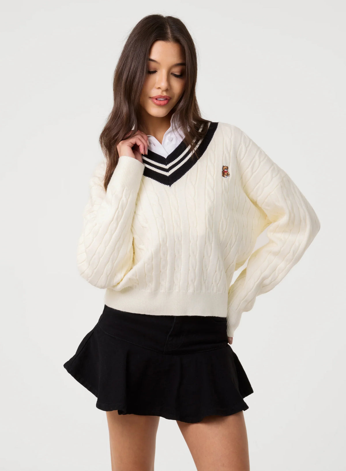 V Neck Cable Knit Teddy Jumper