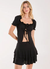 Tie Front Puff Sleeve Top