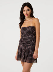 Check Bandeau Ruffle Mini Dress