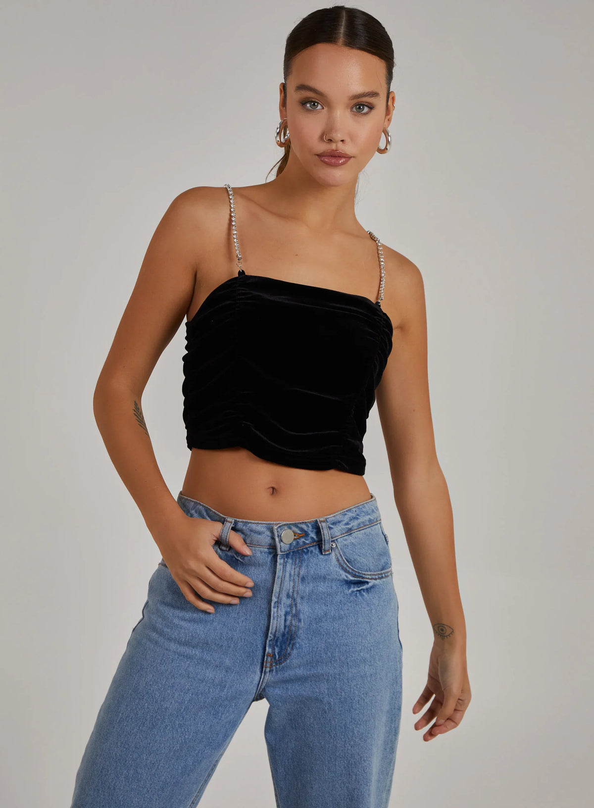 Velvet Rhinestone Straps Ruched Crop Top