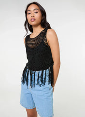 Tassel Hem Crochet Knit Top