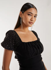 Rhinestone Puff Sleeve Strap Back Dress