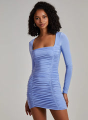 Square Neck Long Sleeve Gathered Mini Dress