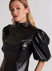 High Neck Balloon Sleeve Faux Leather Dress