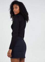 Ribbed Buttoned Cut Out High Neck Top