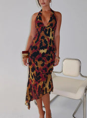 Katriona Halter Asymmetrical Maxi Dress Leopard Multi