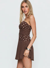 Marguerite Halter Mini Dress Brown Polka Dot