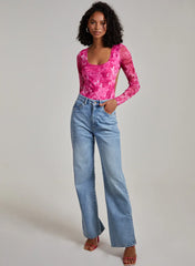 Graphic Floral Long Sleeve Backless Bodysuit