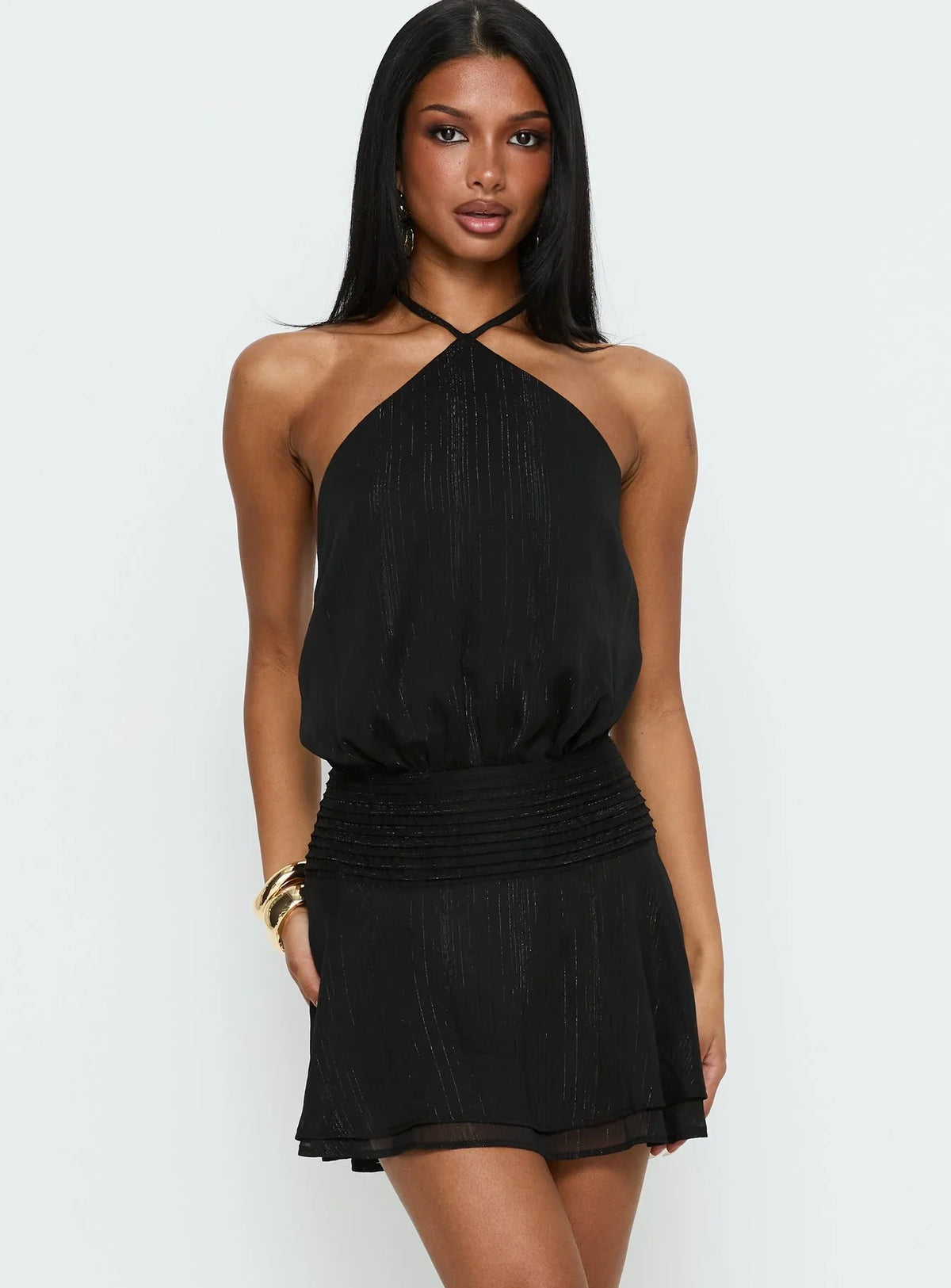 Rozario Chiffon Halter Mini Dress Black / Silver