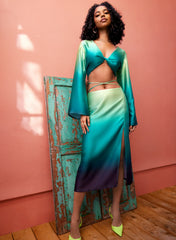 Tie Waist Ombre Split Hem Midi Skirt