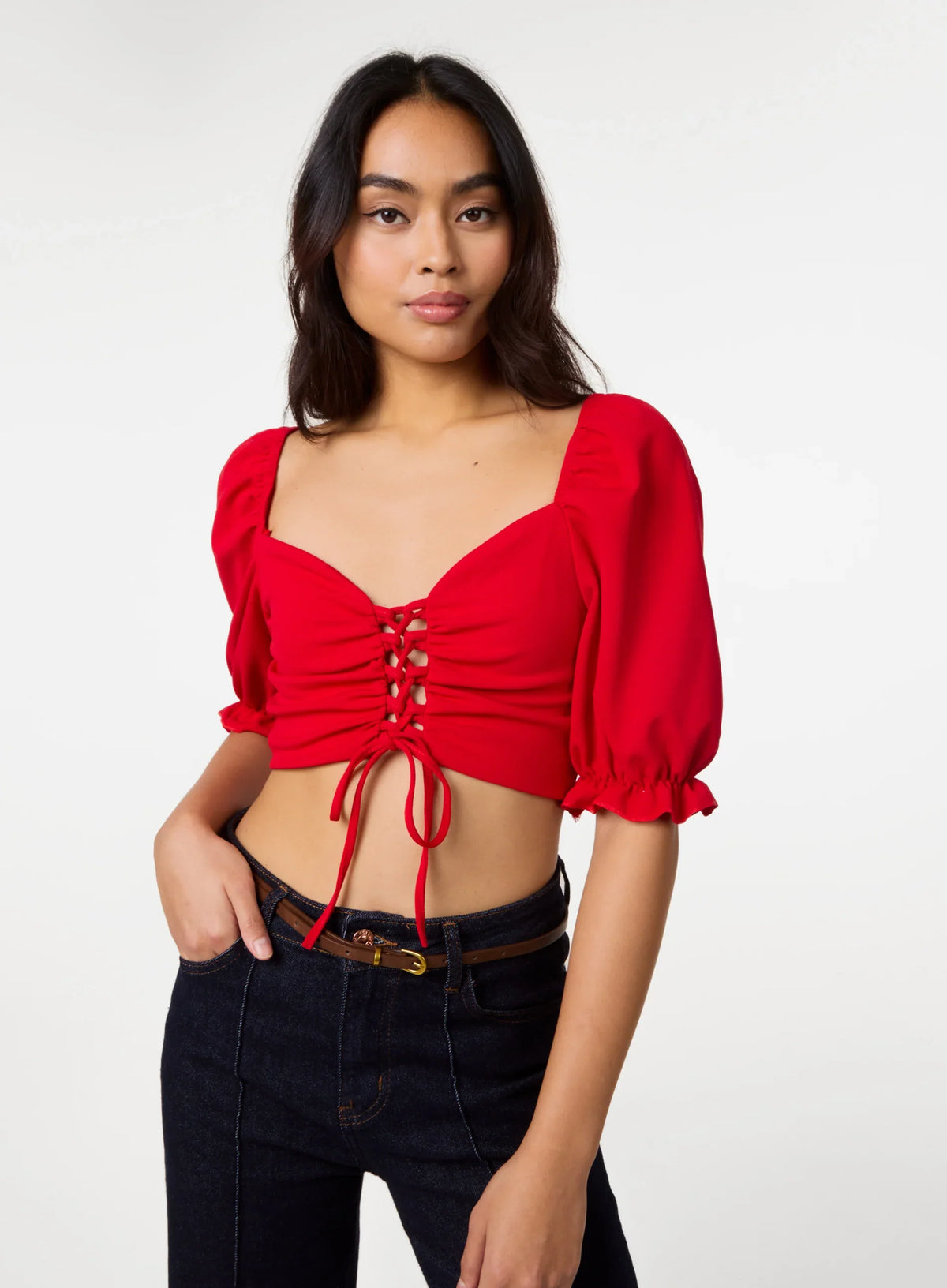 Puff Sleeve Criss Cross Detail Top