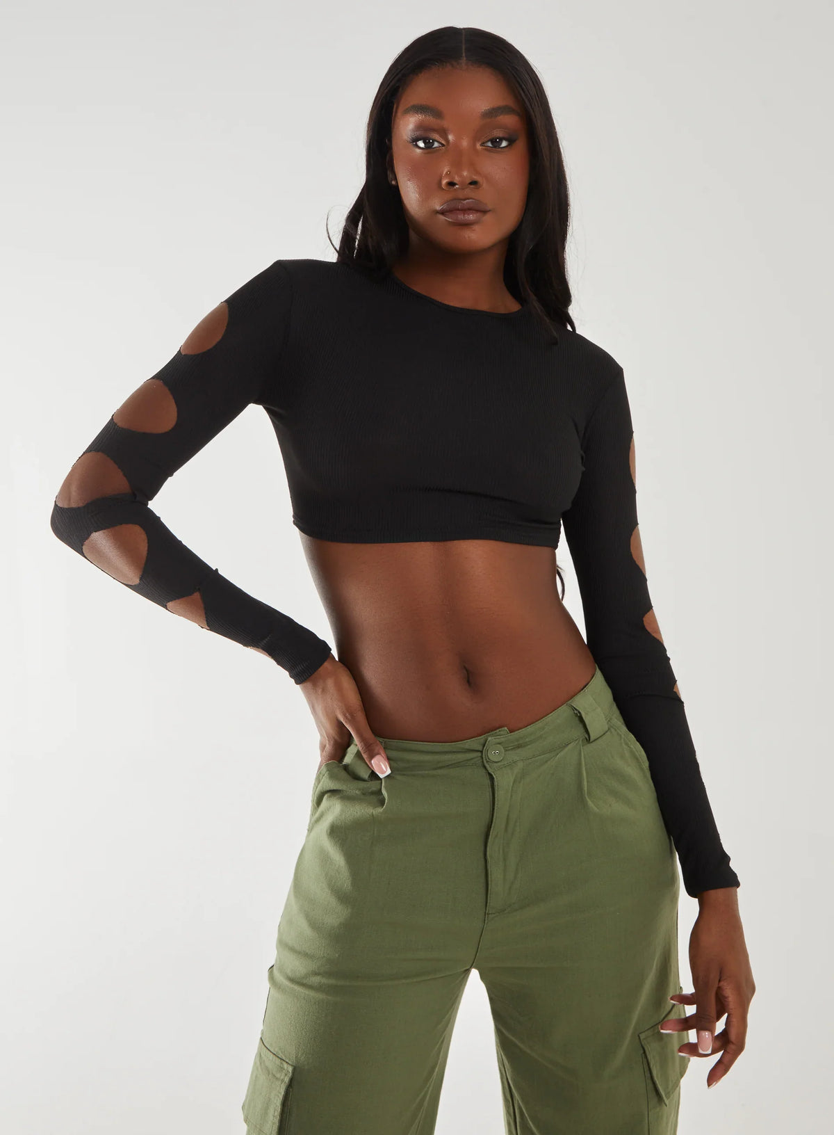 Ribbed Long Sleeve Cut Out Top
