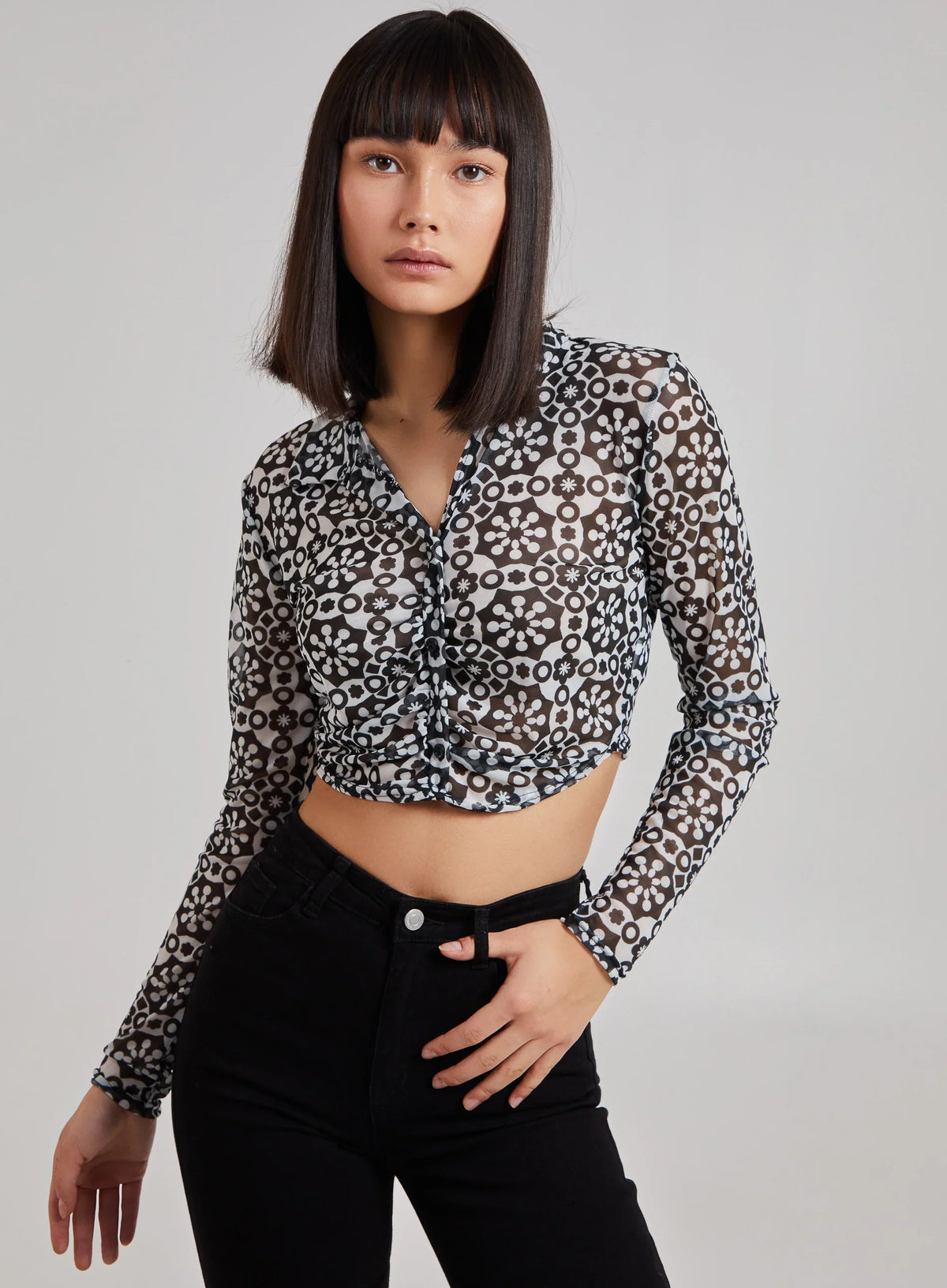 Geometric Print Mesh Button Up Top