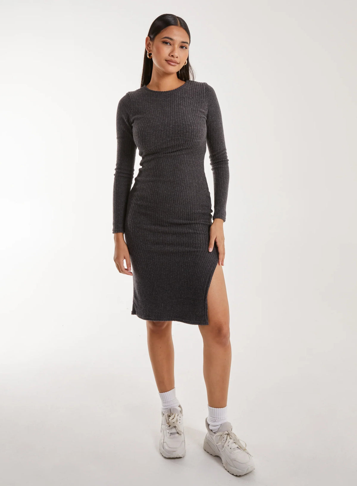 Soft Brushed Rib Long Sleeve Midi Dress