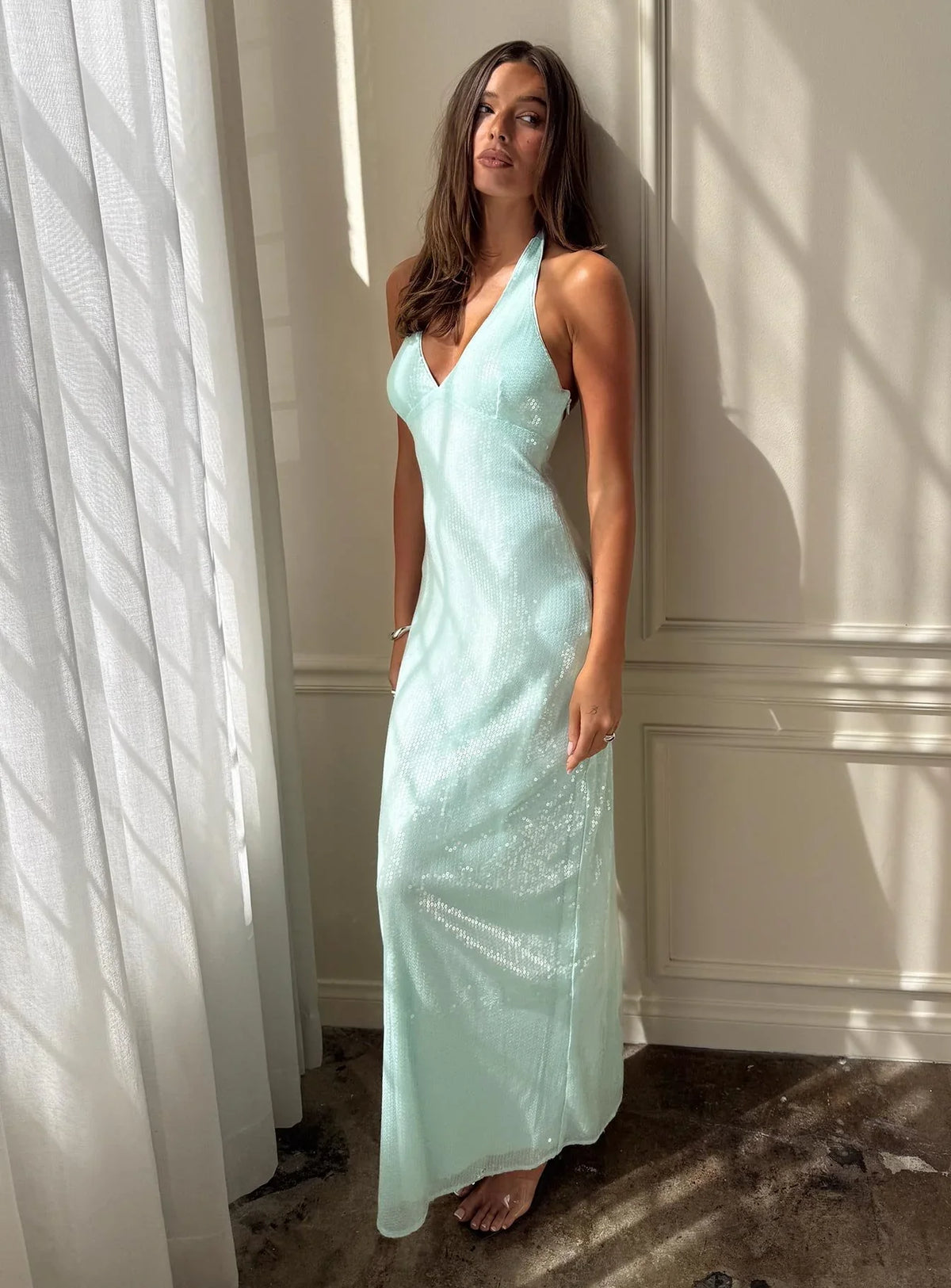 Isanna Halter Sequin Maxi Dress Jelly Mint