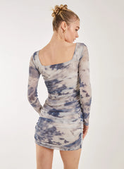 Long Sleeve Distressed Print Mini Dress