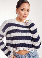 Distressed Striped Crop Knit Jumper