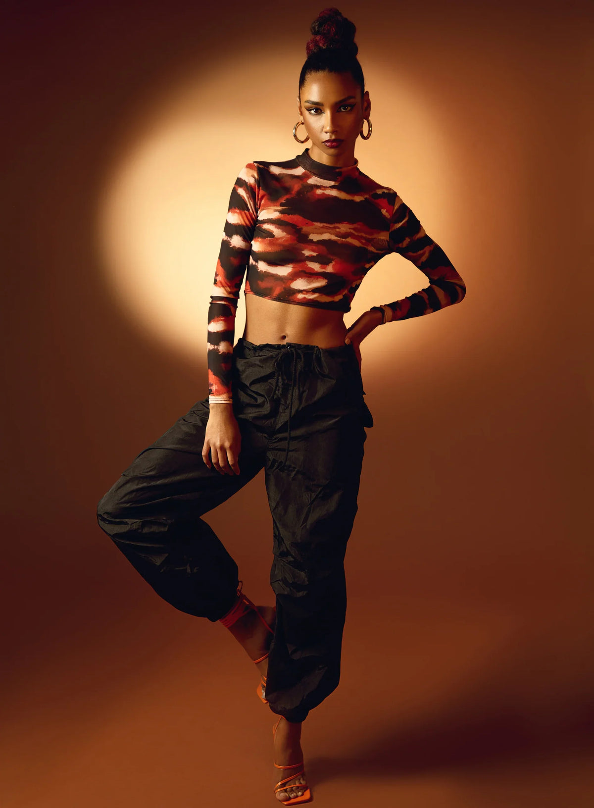 Smudge Print Mesh Long Sleeve Top