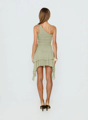 Family Ties Ruched One Shoulder Mini Dress Green