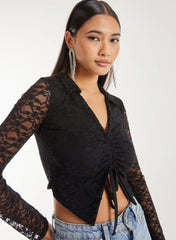 Lace Long Sleeve Tie Front Top