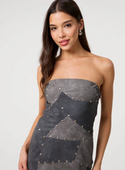 PU Studded Patchwork Mini Dress