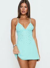 Margherita Diamante Detail Crossover Back Mini Dress Blue